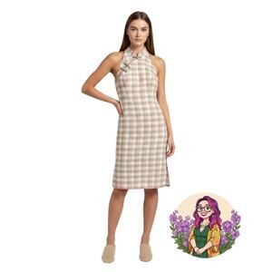 VTG Handmade Tan Cream Gingham M Silk Qipao Dress Coquette Cottagecore Cheongsam